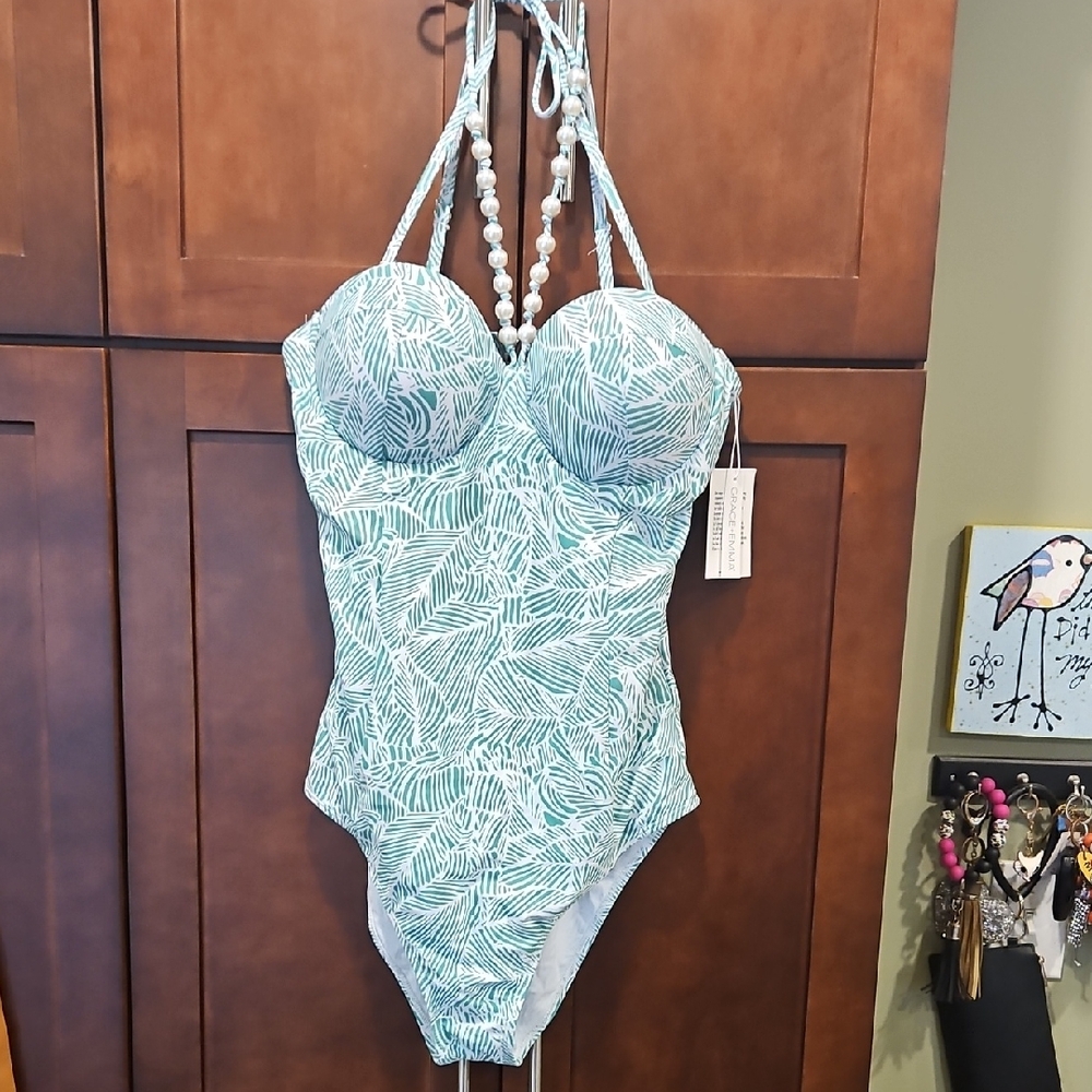 Leaf Print One-Piece Swimsuit with pearl details